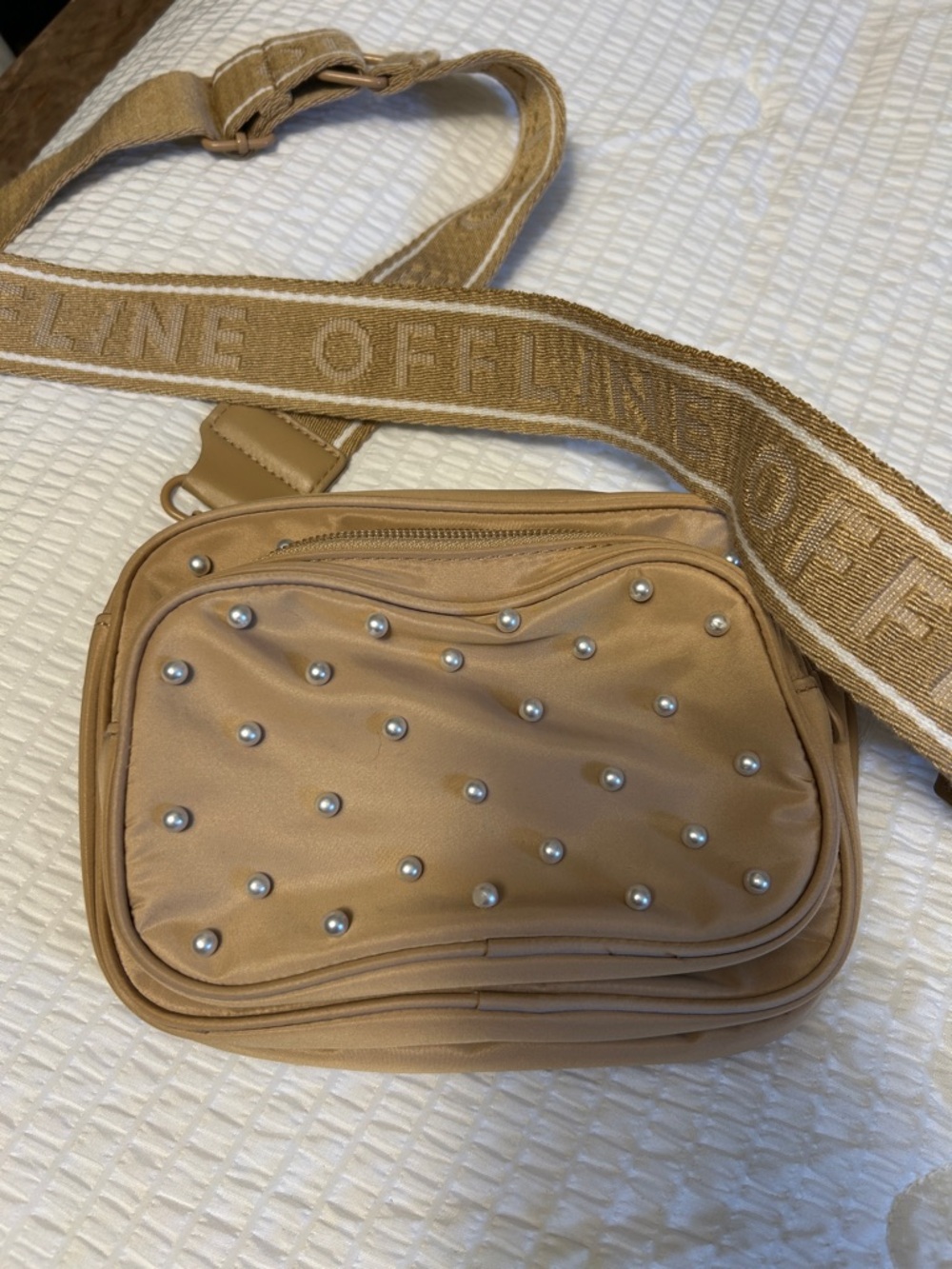 Beige Studded Crossbody Bag with Wide Logo Strap